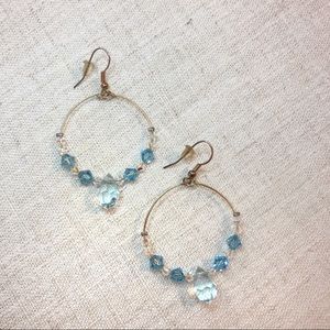 Blue and gold tone beaded beaded hoop earrings